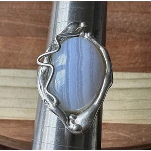 Bat Ami Brutalist Ring Size 7 Natural Blue Lace Agate Signed 925 Sterling 7.8g